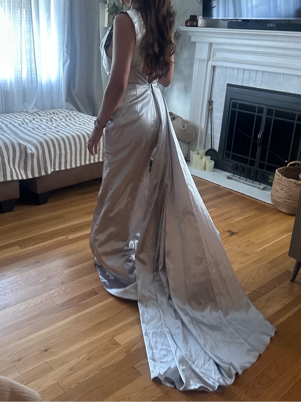 Elegant Silver Satin Evening Gown with Train - Women's Dress
